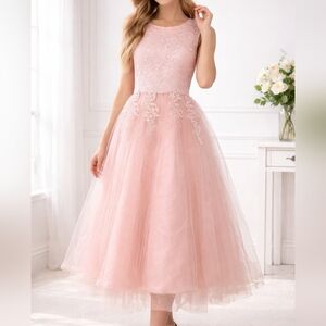 Blush Pink Lace Tulle Midi Dress XS | Formal Wedding Party Prom Floral Embroider